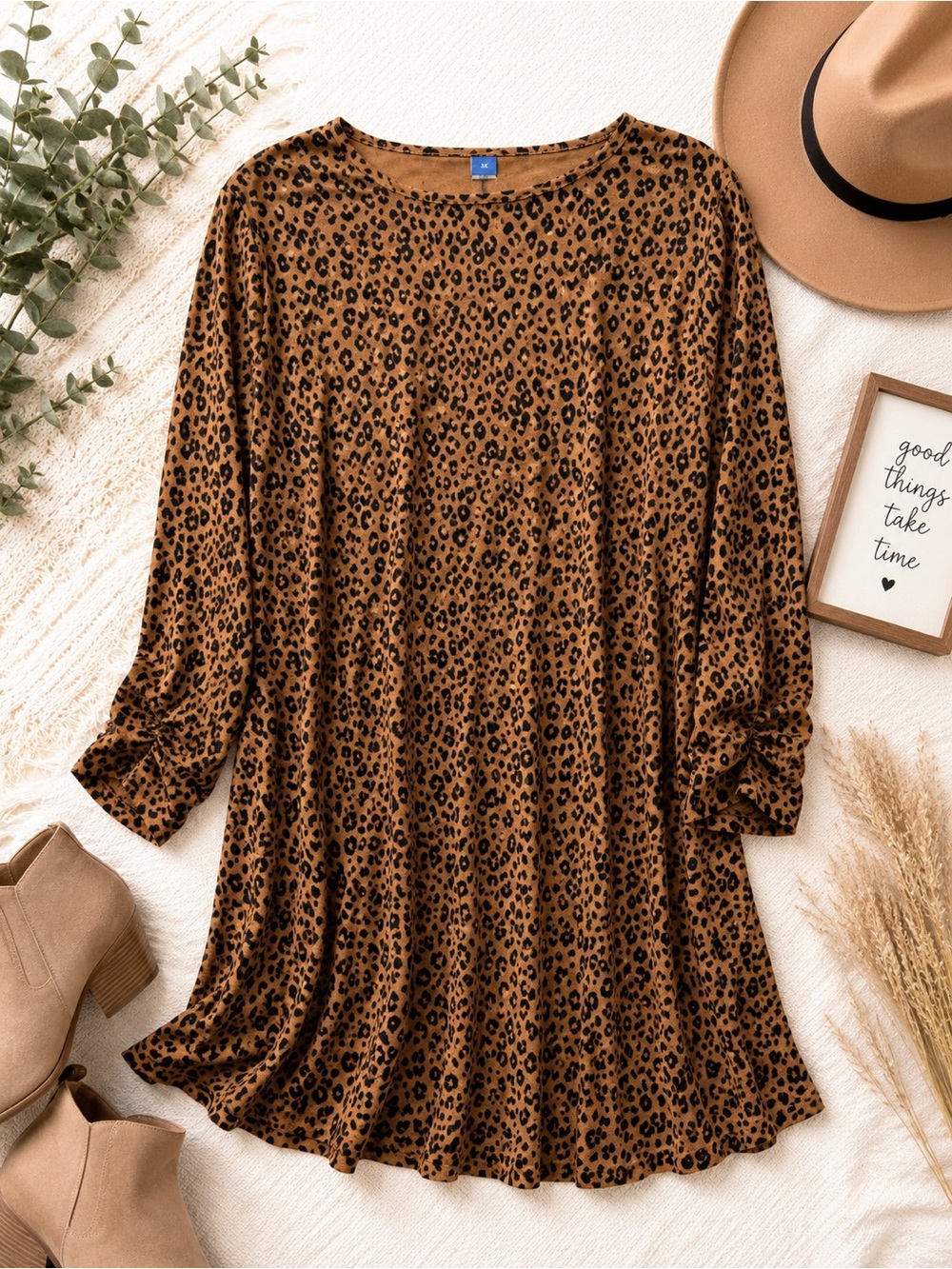 Old Navy Brown Leopard Print Long Sleeve Swing Dress